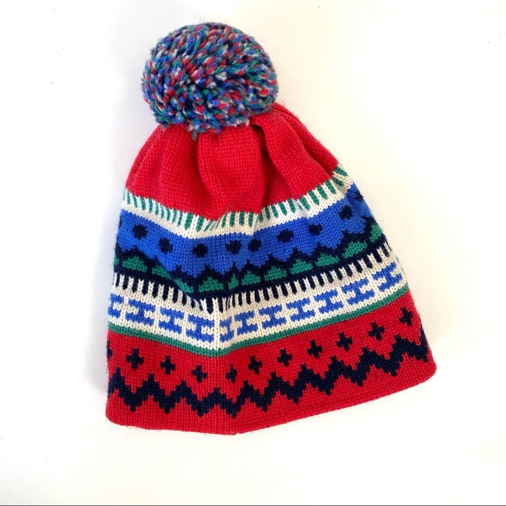 Vintage 80s Wool Ski Hat Red Blue Pom Pom